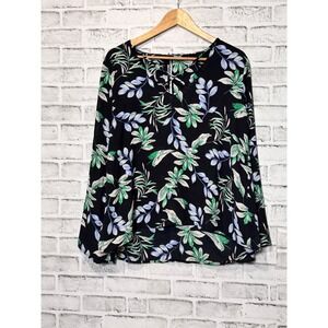 Lush Womens Top Medium Black Green Blue Floral Keyhole Long Sleeve‎